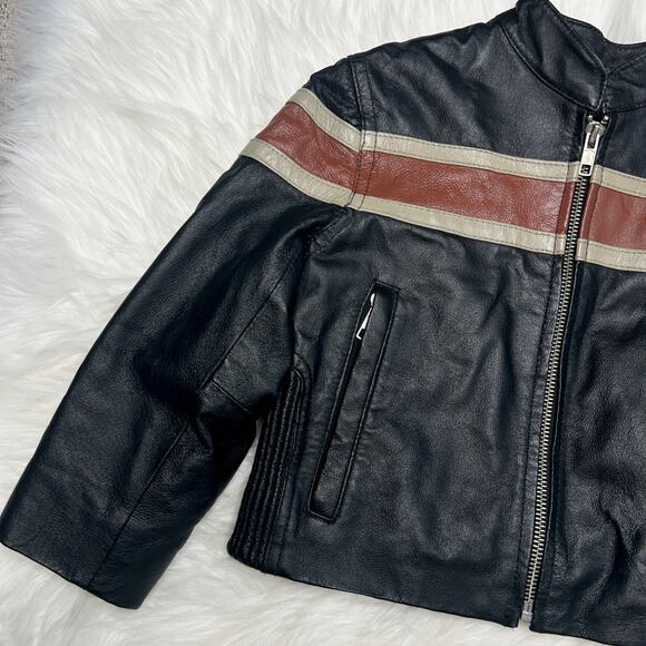 WILSONS LEATHER Black Leather Biker Jacket Kids Size XS Moto Striped Motorcycle - Picture 2 of 10